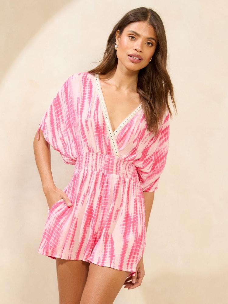 Lipsy Pink Tie Dye Printed V-Neck Kimono Crinkle Playsuit - Image 1 of 4