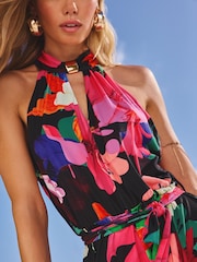 Lipsy Black Floral Jersey Halter Neck Belted Jumpsuit - Image 4 of 5