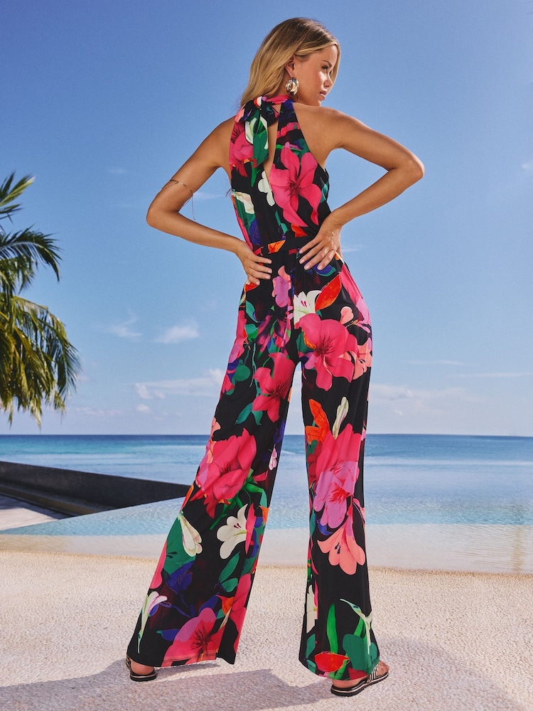 Lipsy Black Floral Jersey Halter Neck Belted Jumpsuit - Image 5 of 5