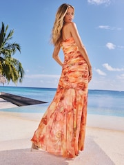 Lipsy Orange Floral Printed Bandeau Mesh Ruched Maxi Dress - Image 4 of 4