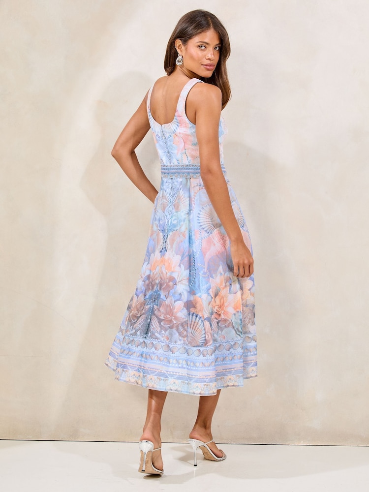 Lipsy Blue Shell Printed Bow Skater Prom Midi Dress - Image 4 of 4