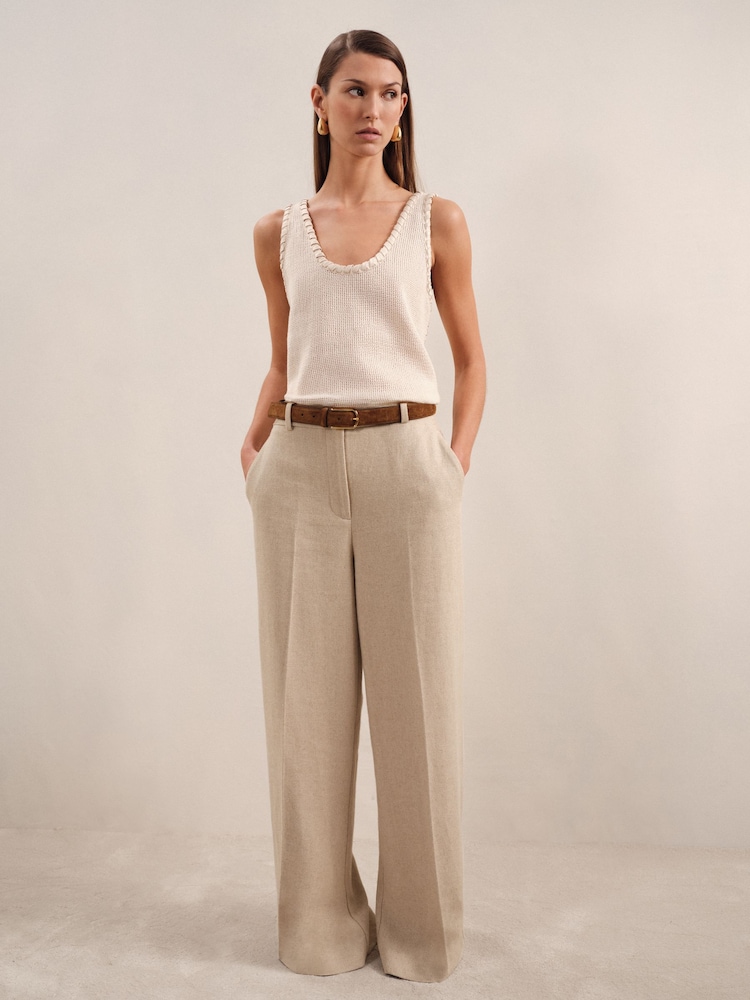 Reiss Neutral Devon Petite Linen-Blend Wide-Leg Trousers - Image 1 of 8