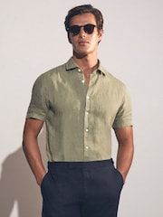 Reiss Thyme Green Holiday Linen Short-Sleeve Shirt - Image 1 of 7