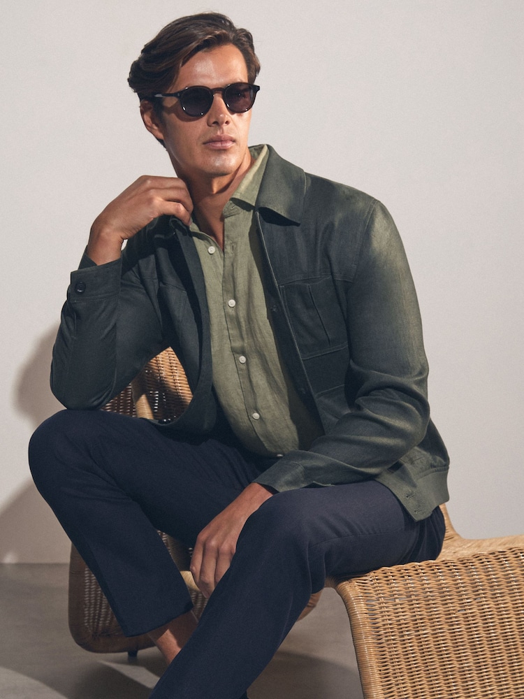 Reiss Thyme Green Holiday Slim Fit Linen Button-Through Shirt - Image 3 of 7