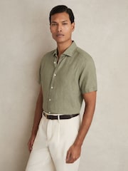 Reiss Thyme Green Holiday Linen Short-Sleeve Shirt - Image 4 of 7