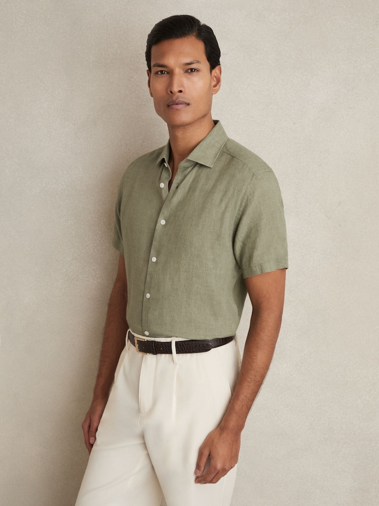 Reiss Thyme Green Holiday Slim Fit Linen Button-Through Shirt - Image 4 of 7