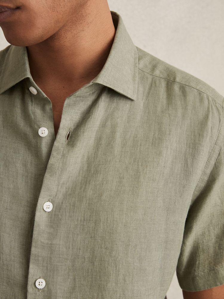 Reiss Thyme Green Holiday Slim Fit Linen Button-Through Shirt - Image 5 of 7