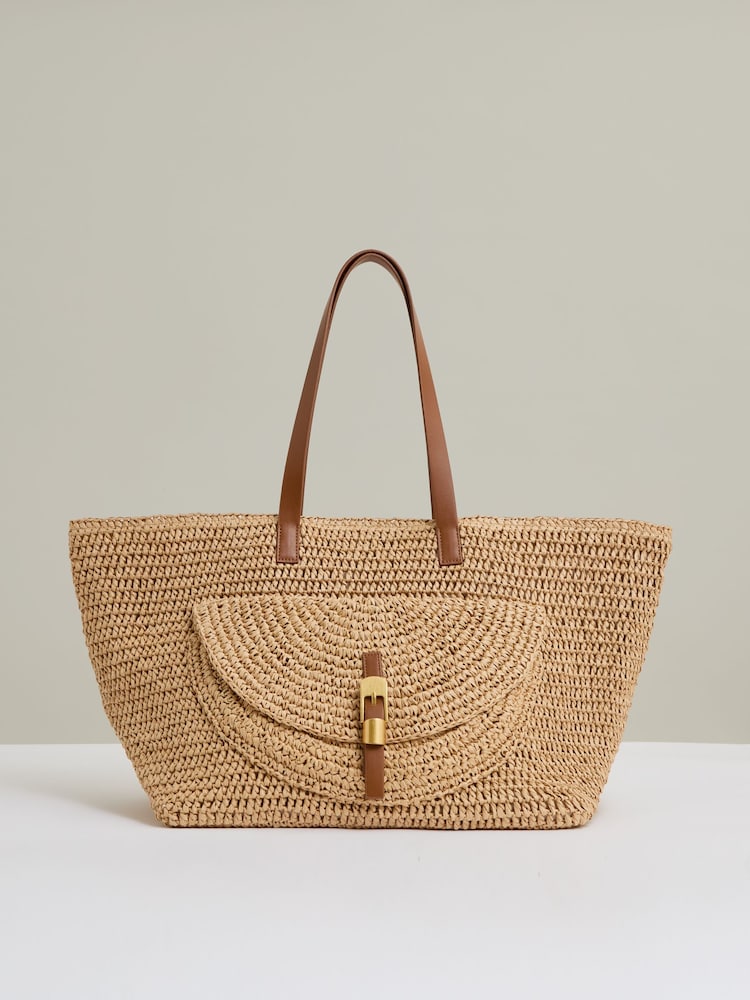 Reiss Natural Aurora Flap-Pocket Raffia Tote Bag - Image 1 of 6