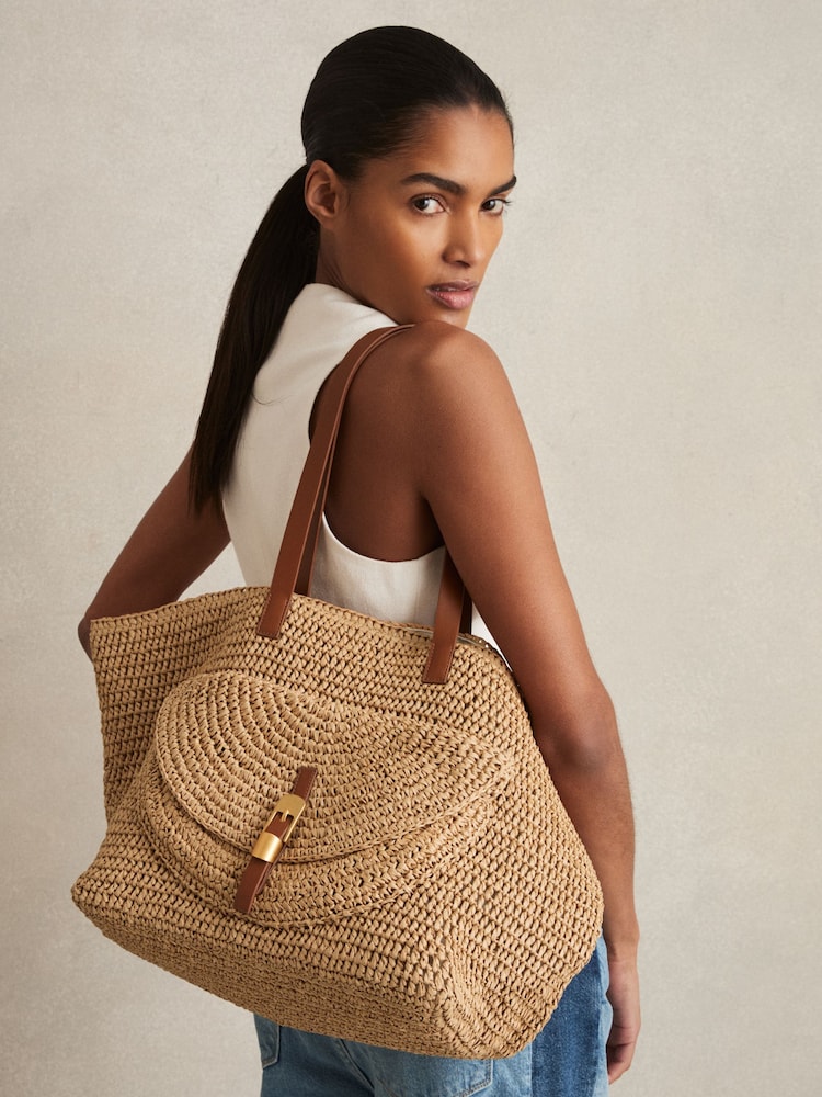 Reiss Natural Aurora Flap-Pocket Raffia Tote Bag - Image 2 of 6