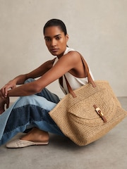 Reiss Natural Aurora Flap-Pocket Raffia Tote Bag - Image 4 of 6