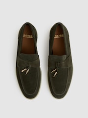 Reiss Dark Olive Green Price Suede Slip On Tassel Loafers - Image 2 of 4
