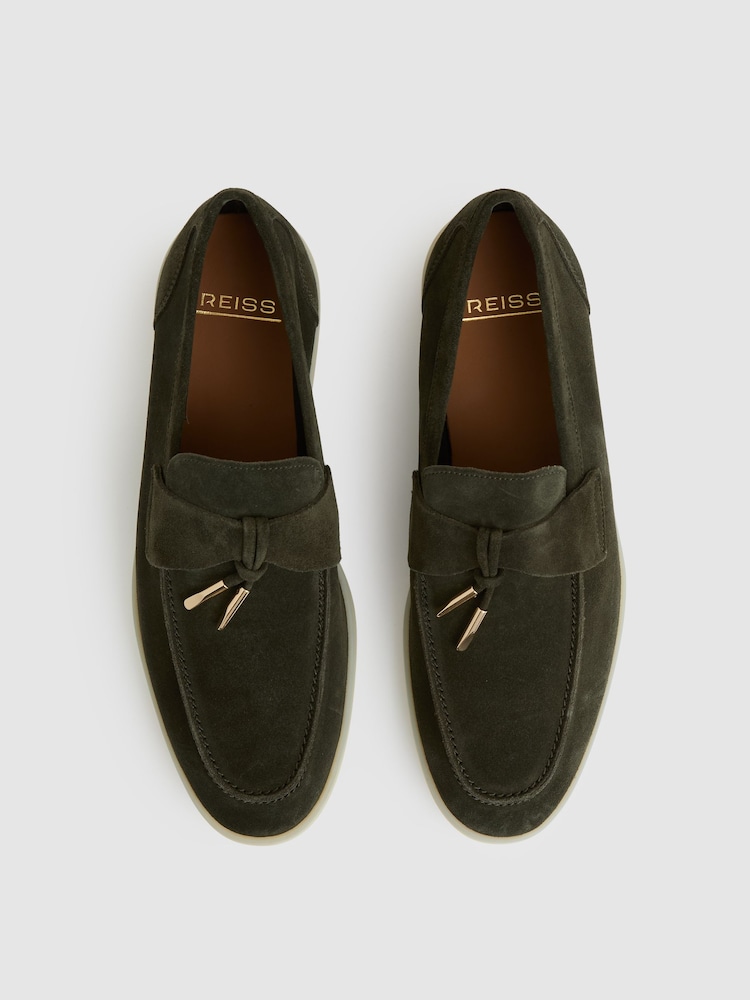Reiss Dark Olive Green Price Suede Slip On Tassel Loafers - Image 2 of 4