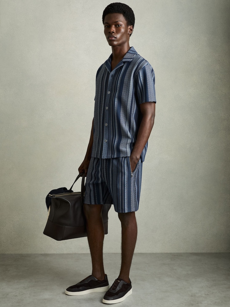 Reiss Navy River Aztec-Stripe Drawstring Shorts - Image 1 of 6