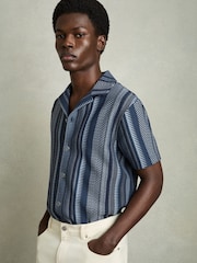 Reiss Navy Archer Aztec-Stripe Cuban-Collar Shirt - Image 1 of 7