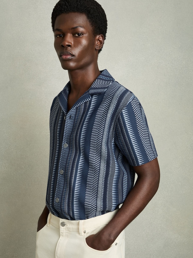 Reiss Navy Archer Aztec-Stripe Cuban-Collar Shirt - Image 1 of 7