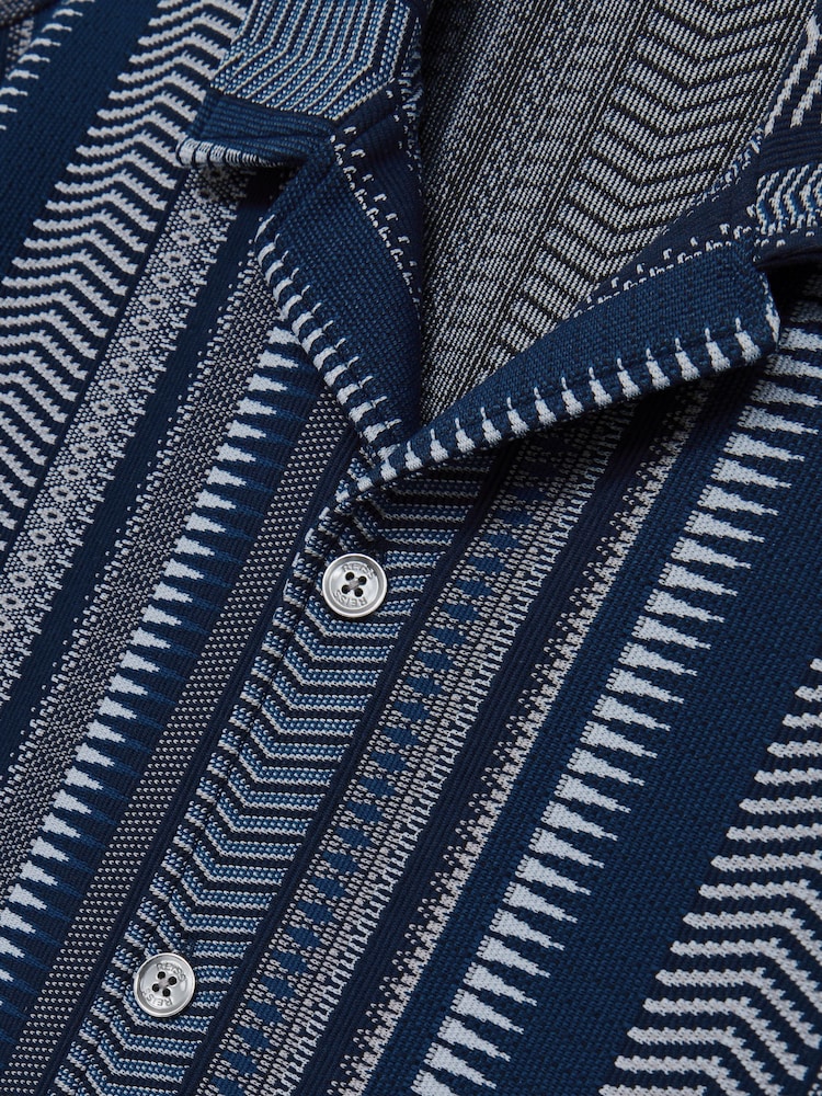 Reiss Navy Archer Aztec-Stripe Cuban-Collar Shirt - Image 7 of 7