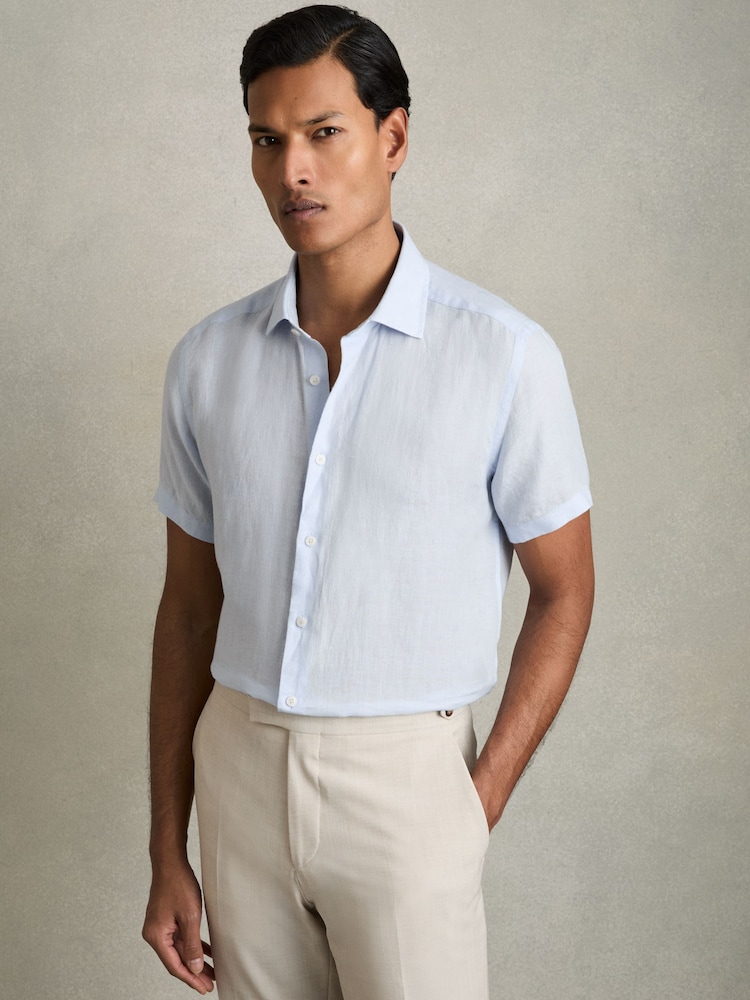 Reiss Pale Blue Holiday Linen Short-Sleeve Shirt - Image 1 of 6