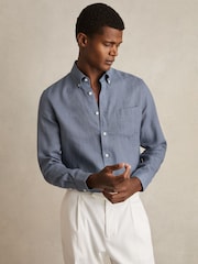 Reiss Airforce Blue Queens Linen Button-Through Shirt - Image 1 of 7