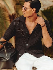 Reiss Chocolate Brown Amir Crochet Button-Through Shirt - Image 1 of 7