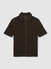 Reiss Chocolate Brown Amir Crochet Button-Through Shirt - Image 2 of 7