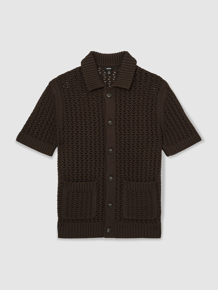 Reiss Chocolate Brown Amir Crochet Button-Through Shirt - Image 2 of 7