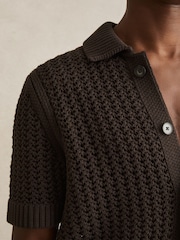 Reiss Chocolate Brown Amir Crochet Button-Through Shirt - Image 4 of 7