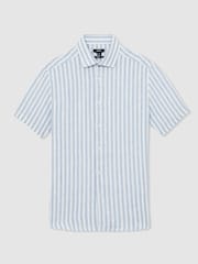 Reiss Soft Blue Herringbone Stripe Holiday Linen Short-Sleeve Shirt - Image 2 of 6