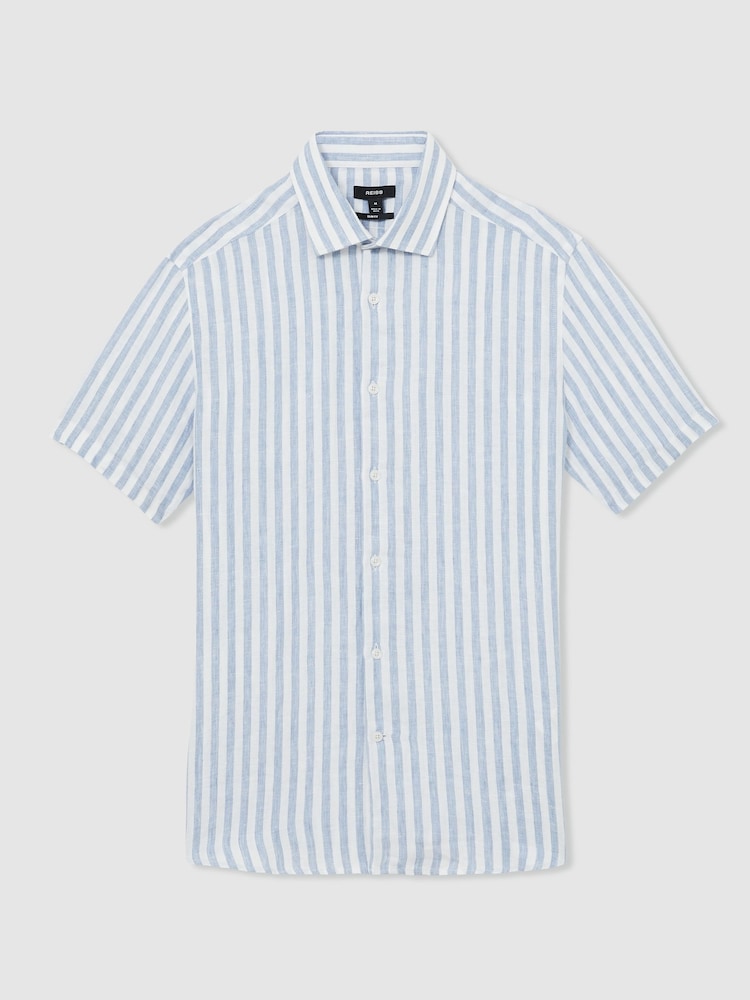 Reiss Soft Blue Herringbone Stripe Holiday Linen Short-Sleeve Shirt - Image 2 of 6