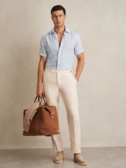 Reiss Soft Blue Herringbone Stripe Holiday Linen Short-Sleeve Shirt - Image 3 of 6