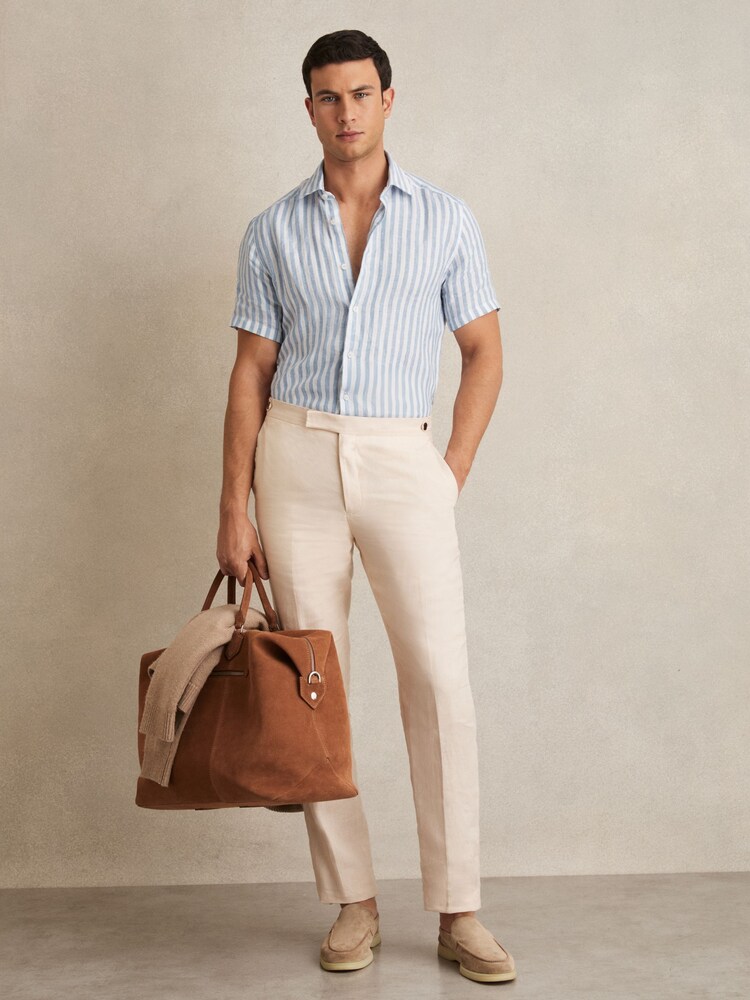 Reiss Soft Blue Herringbone Stripe Holiday Slim Fit Linen Button-Through Shirt - Image 3 of 6