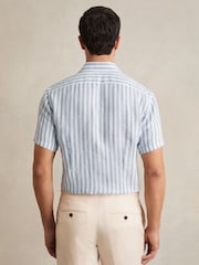 Reiss Soft Blue Herringbone Stripe Holiday Linen Short-Sleeve Shirt - Image 5 of 6