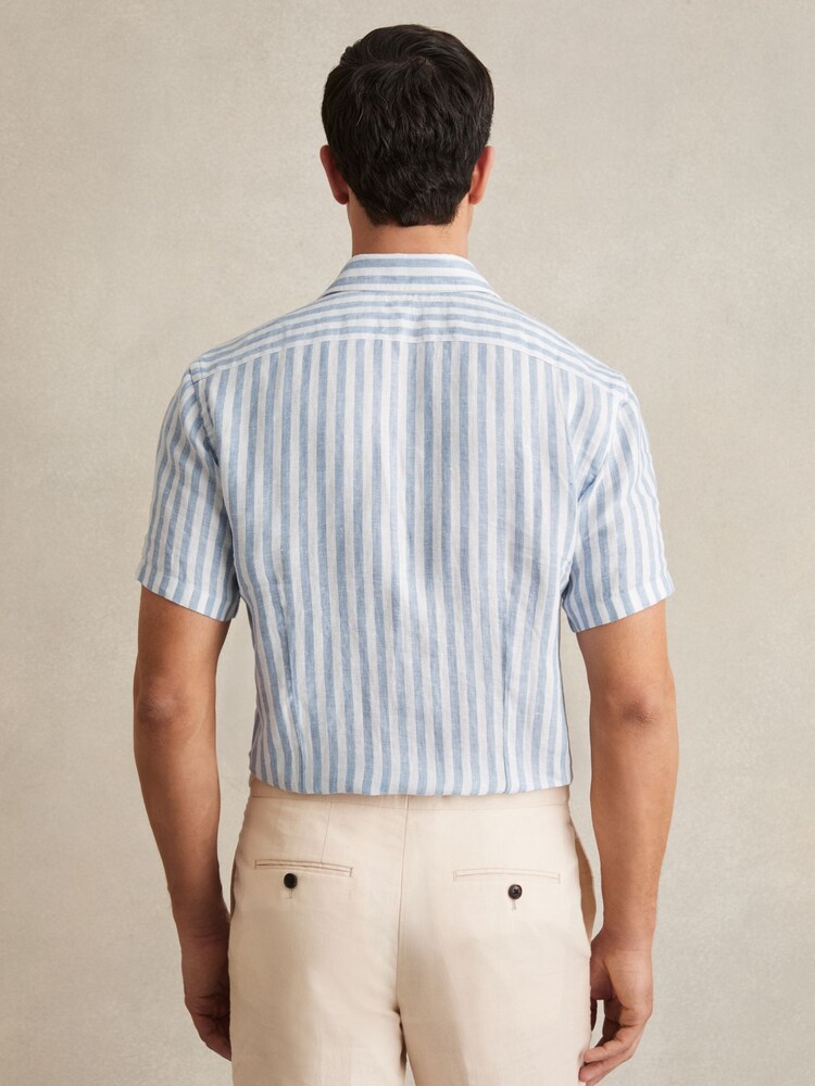 Reiss Soft Blue Herringbone Stripe Holiday Slim Fit Linen Button-Through Shirt - Image 5 of 6