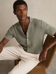 Reiss Sage Green Royce Pointelle Button-Through Shirt - Image 1 of 6