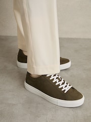 Reiss Olive Green Finley Nubuck-Leather Low-Top Trainers - Image 2 of 5