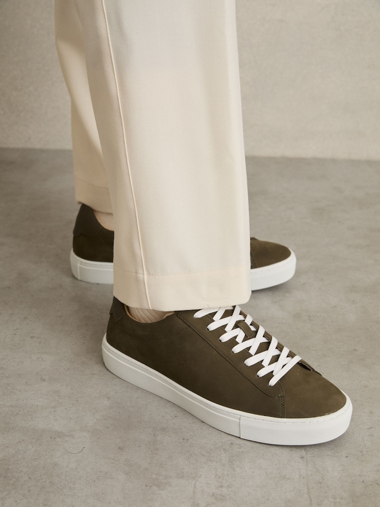 Reiss Olive Green Finley Nubuck-Leather Low-Top Trainers - Image 2 of 5