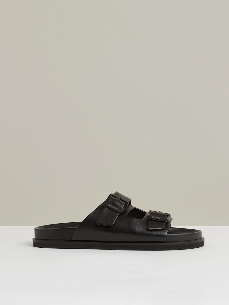 Reiss Black Philip Leather Double-Strap Sandals - Image 1 of 5