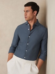 Reiss Airforce Blue Hayes Cotton-Jersey Stripe-Jacquard Shirt - Image 1 of 6
