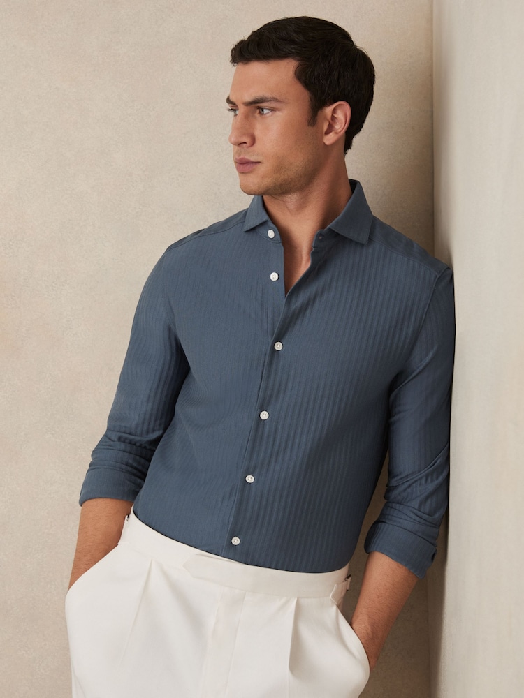 Reiss Airforce Blue Hayes Cotton-Jersey Stripe-Jacquard Shirt - Image 1 of 6