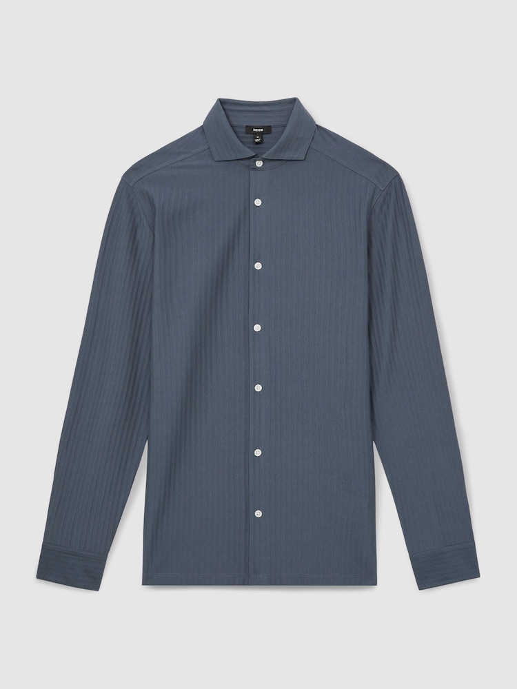 Reiss Airforce Blue Hayes Cotton-Jersey Stripe-Jacquard Shirt - Image 2 of 6