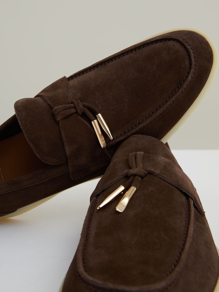 Reiss Dark Tobacco Brown Price Suede Slip On Tassel Loafers - Image 5 of 5
