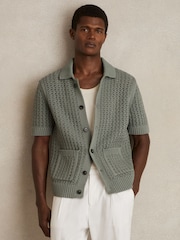 Reiss Sage Green Amir Crochet Button-Through Shirt - Image 1 of 6