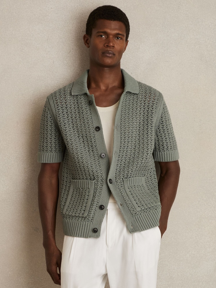 Reiss Sage Green Amir Crochet Button-Through Shirt - Image 1 of 6