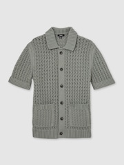 Reiss Sage Green Amir Crochet Button-Through Shirt - Image 2 of 6
