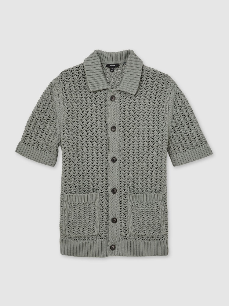 Reiss Sage Green Amir Crochet Button-Through Shirt - Image 2 of 6