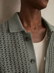 Reiss Sage Green Amir Crochet Button-Through Shirt - Image 4 of 6