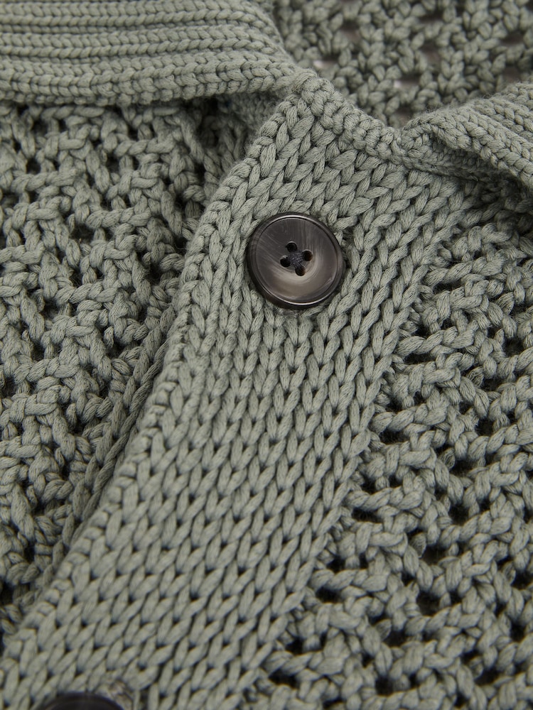 Reiss Sage Green Amir Crochet Button-Through Shirt - Image 6 of 6
