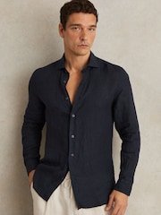 Reiss Navy Ruban Linen Striped Cutaway-Collar Shirt - Image 1 of 7