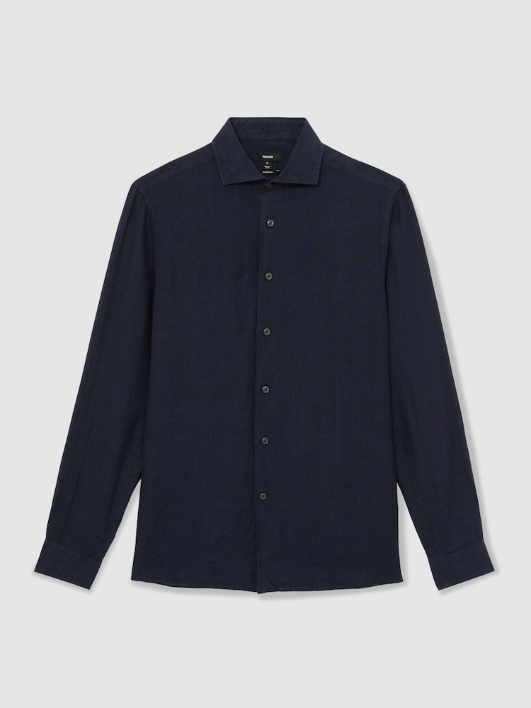Reiss Navy Ruban Linen Striped Cutaway-Collar Shirt - Image 2 of 7