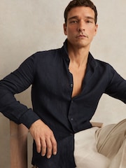 Reiss Navy Ruban Linen Striped Cutaway-Collar Shirt - Image 5 of 7