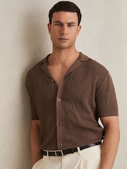 Reiss Brown Royce Pointelle Button-Through Shirt - Image 1 of 6